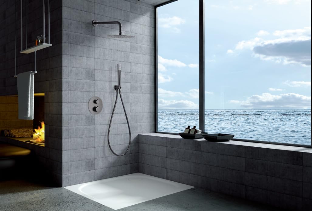 Thermostatische Douche Set – Douchekraan – Regendouche – Handdouche – Badkamerkraan – Zwart Gun Metal – 25 cm Platte Douchekop – Thermostaatkraan Met Temperatuurbeveiliging
