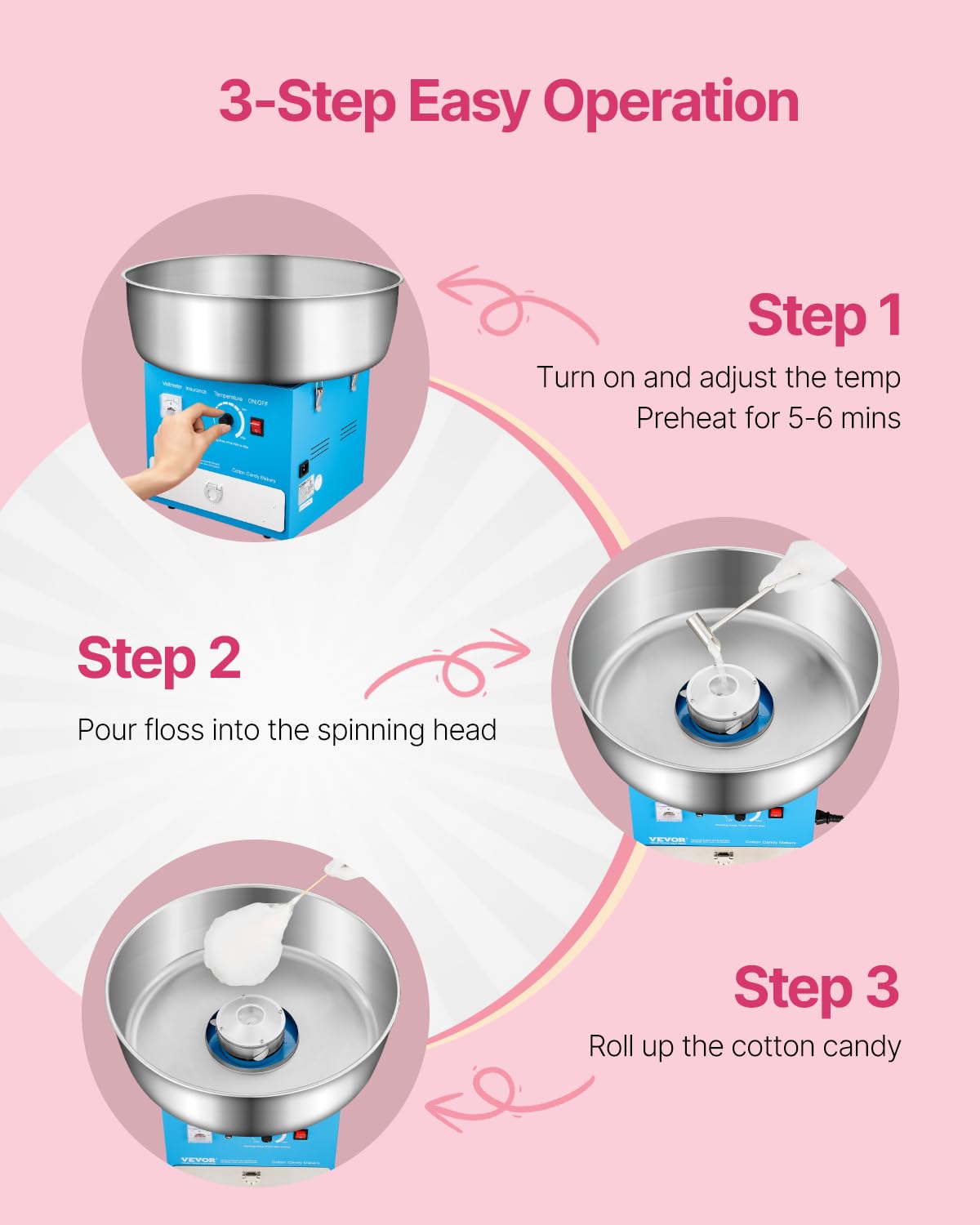 VEVOR 1000 W Electric Cotton Candy Maker with Stainless Steel Holder 52 cm Sugar Spoon and Tray for Birthdays and Family Celebrations Blue 520 x 520 x 447 mm