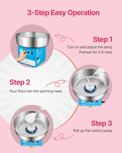 VEVOR 1000 W Electric Cotton Candy Maker with Stainless Steel Holder 52 cm Sugar Spoon and Tray for Birthdays and Family Celebrations Blue 520 x 520 x 447 mm