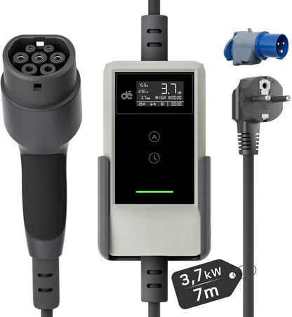 dé EV Charger Type 2 Schuko 3,7kW [7m, 1-Fase, 6-16A] Thuislader Type 2 Wit met Digitaal Display, Instelbare Stroom, EV Oplader 3,7kW voor Model Y/3, ID.3/4, EX30, Enyaq en andere EV/PHEV