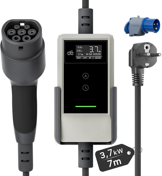 dé EV Charger Type 2 Schuko 3,7kW [7m, 1-Fase, 6-16A] Thuislader Type 2 Wit met Digitaal Display, Instelbare Stroom, EV Oplader 3,7kW voor Model Y/3, ID.3/4, EX30, Enyaq en andere EV/PHEV
