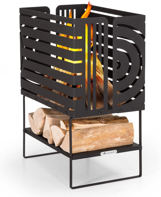 Blumfeldt Vuurschaal met grillrooster, outdoor stalen vuurschaal, groot voor balkon en camping, mobiele vuurschaal 40 cm, vuurschaal met standaard, weerbestendige vuurschaal, rechthoekige haard