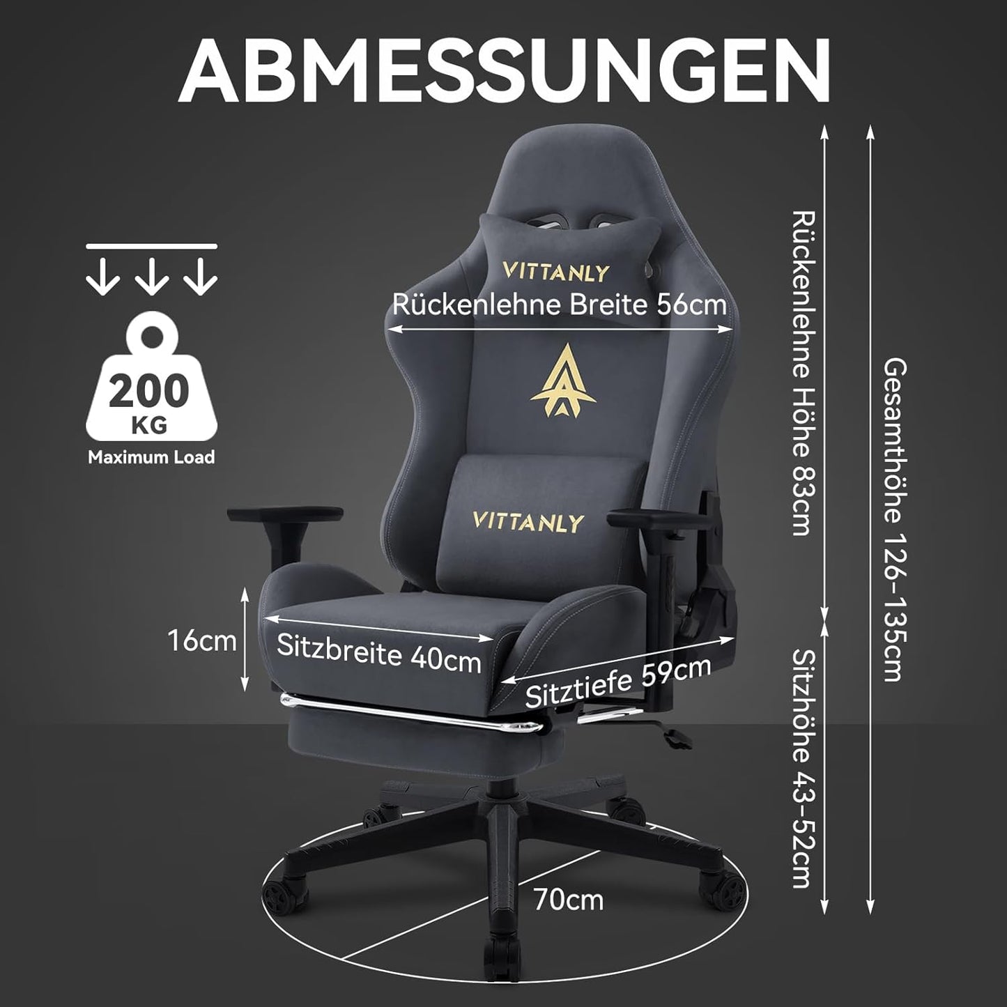 Vittanly Gaming Chair, Luxury Breathable Faux Suede Ergonomic Gaming Chair with Footrest, Headrest and Lumbar Cushion, 3D Armrests, 90-155 Degree Backrest, Grey - QUORE