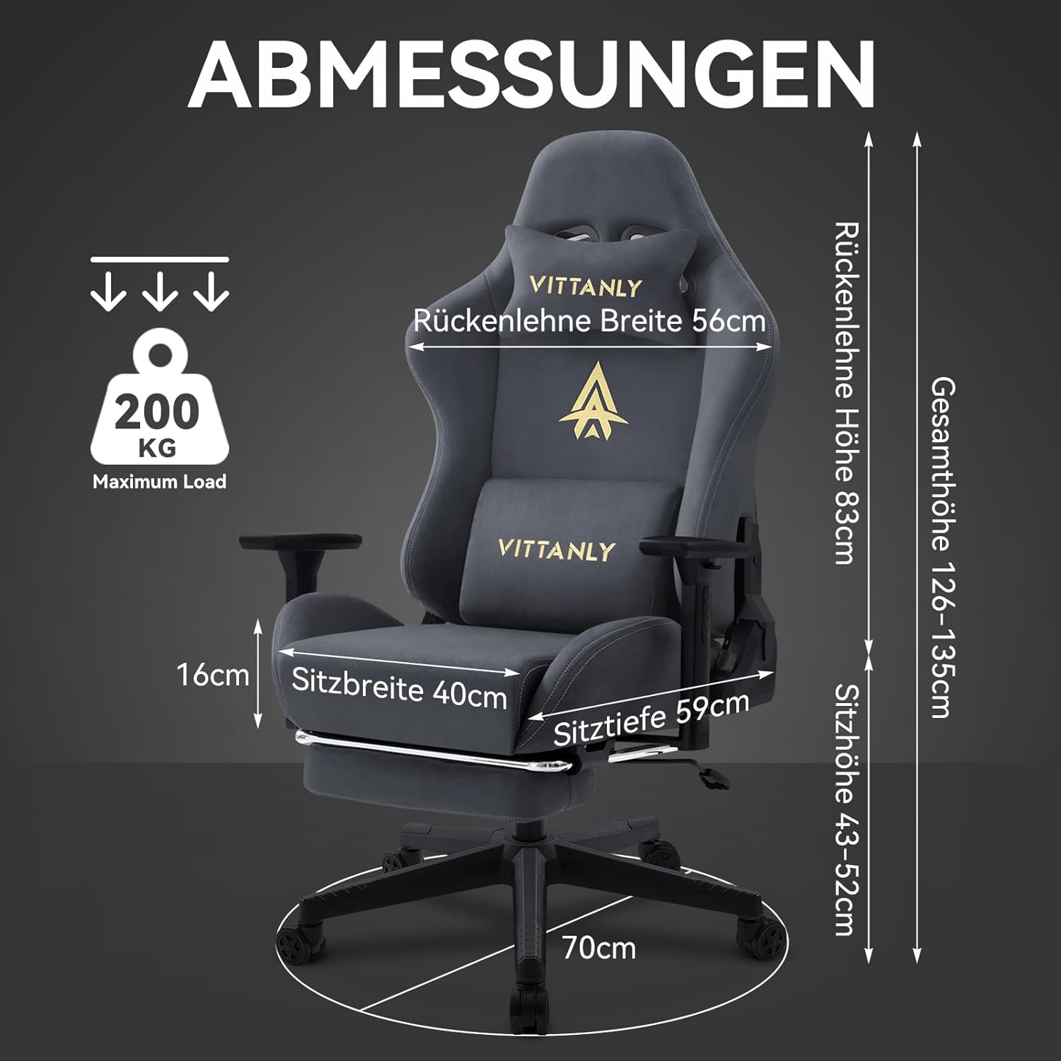 Vittanly Gaming Chair, Luxury Breathable Faux Suede Ergonomic Gaming Chair with Footrest, Headrest and Lumbar Cushion, 3D Armrests, 90-155 Degree Backrest, Grey - QUORE