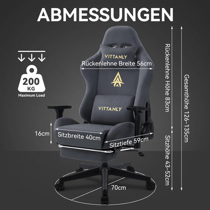 Vittanly Gaming Chair, Luxury Breathable Faux Suede Ergonomic Gaming Chair with Footrest, Headrest and Lumbar Cushion, 3D Armrests, 90-155 Degree Backrest, Grey - QUORE