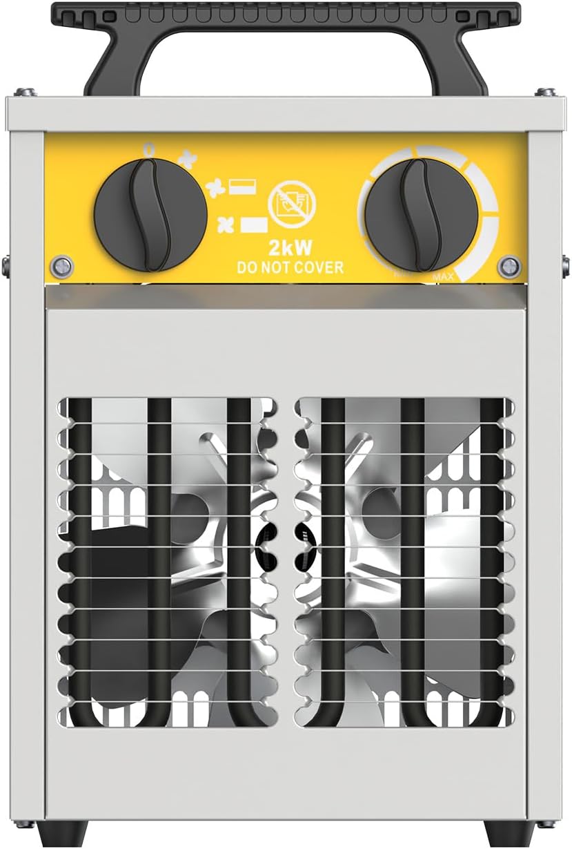 2000W Verbeterde Elektrische Ventilatorverwarmer - Stalen Behuizing - Industriële Draagbare Kachels - Thermostaat & Oververhittingsbeveiliging - Ideaal voor Bouwplaats, Garage, Kas