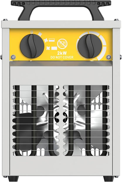 2000W Verbeterde Elektrische Ventilatorverwarmer - Stalen Behuizing - Industriële Draagbare Kachels - Thermostaat & Oververhittingsbeveiliging - Ideaal voor Bouwplaats, Garage, Kas