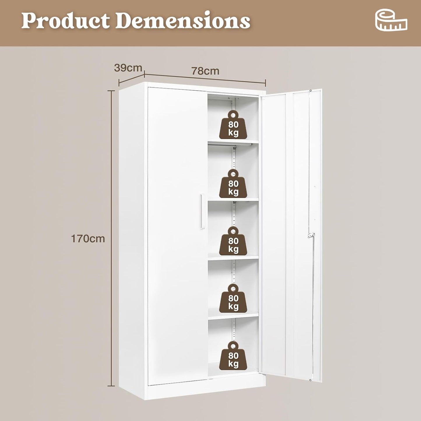 Steel Storage Cabinet, Steel Filing Cabinet with Lock, 4 Adjustable Shelves, Double Doors, Multifunctional Tool Cabinet for Study Room, Garage, White