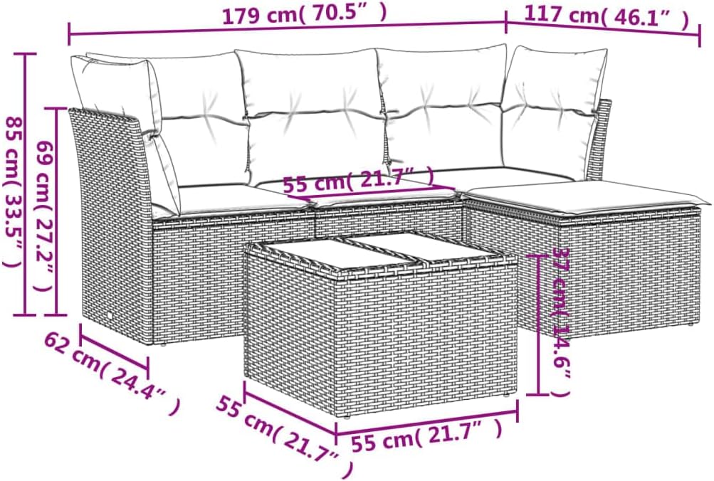 vidaXL 5-Piece Lounge Set with Cushions Poly Rattan Grey, Garden Set, Garden Furniture, Patio Set, Garden Furniture, Lounge Sofa, Lounge Set Garden - QUORE