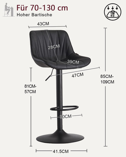 YOUTASTE Barkruk, set van 2 barstoelen, in hoogte verstelbaar, draaibaar met PU-leer, barkruk met rugleuning en voetensteun, zithoogte 57-82 cm, voor keuken, toonbank, bar, zwart