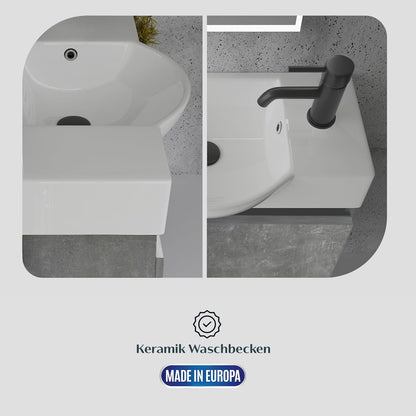 Alpenberger Bathroom Cabinet with Mirror, Bathroom Furniture Set, Sink with Base Cabinet and Bathroom Mirror with Lighting, Bathroom Cabinet with Basin, Basin Cabinet (Cement) - QUORE