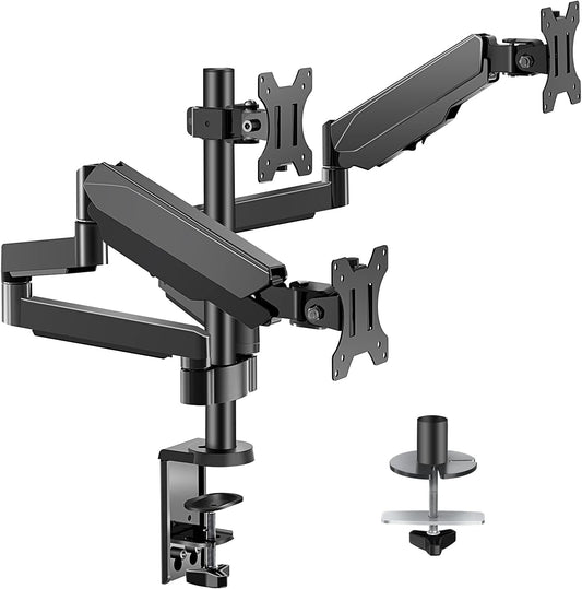 Drievoudige monitorarm voor 3 monitoren – Monitorbeugel – Monitorhouder – Monitorstandaard – Beeldschermarm – Geschikt voor 13-27 inch schermen – Verstelbare gasveren met C-klem en grommet montage