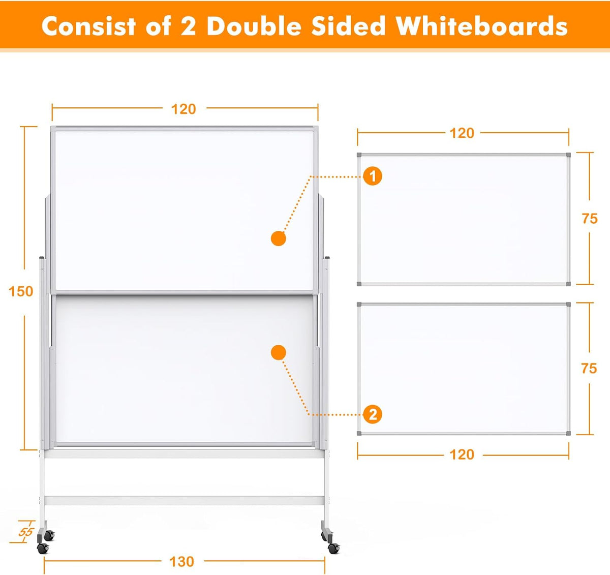 Whiteboard In hoogte verstelbaar, schildersezelstandaard wit bord op wielen mobiel dubbelzijdig magnetisch rollend wit bord glijdend whiteboard voor thuiskantoor klaslokaal