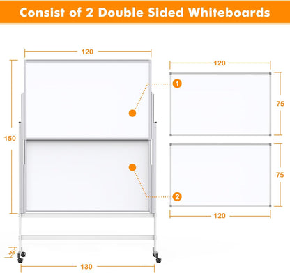 Whiteboard In hoogte verstelbaar, schildersezelstandaard wit bord op wielen mobiel dubbelzijdig magnetisch rollend wit bord glijdend whiteboard voor thuiskantoor klaslokaal