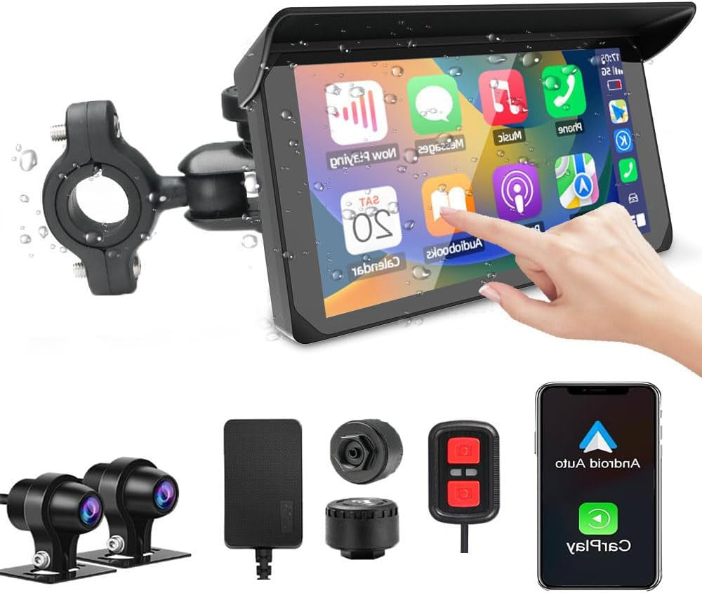 Motorfiets Carplay Scherm – Motorrijders Display – Navigatiesysteem – Touchscreen Monitor – Multimedia Interface – Draadloos CarPlay & Android Auto – 5 Inch HD IPS Scherm – Waterdicht IP65 Met Dubbele 1080P Camera’s