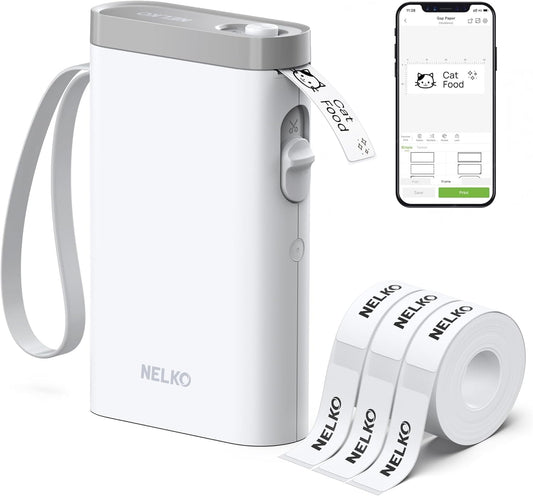 Nelko P21 Draagbare Bluetooth-labelmaker, draadloze stickerprinter met meerdere sjablonen voor thuiskantoororganisatie en opslaglocatie, met 3 rollen thermische tape (14 x 40 mm), wit