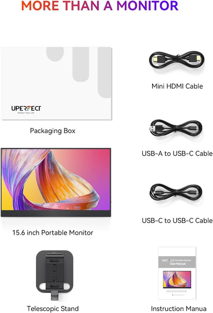 UPERFECT Draagbare Monitor 15.6" 125% sRGB Portabler Monitor met Opvouwbare Standaard, 2000:1 Contrast HDR EyeCare FHD Mat Ultradun Tweede Scherm voor Laptop/PC/Smartphone/Spelconsoles