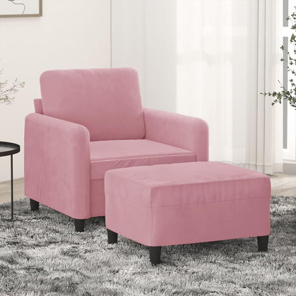 Fauteuil met kruk, roze, 60 cm, fluwelen gestoffeerde stoel, relaxstoel, comfortabel ontspannen, modern design, stabiel frame, dik gevoerd, veelzijdige voetenbank, compact, voor woonkamer