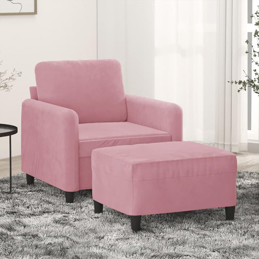 Fauteuil met kruk, roze, 60 cm, fluwelen gestoffeerde stoel, relaxstoel, comfortabel ontspannen, modern design, stabiel frame, dik gevoerd, veelzijdige voetenbank, compact, voor woonkamer
