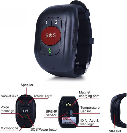 Gekoppeld aan de armband, valdetector paniekknop SOS, voor senioren, GPS 4G oproepen, GPS-tracker, IP67 waterdicht, stappenteller