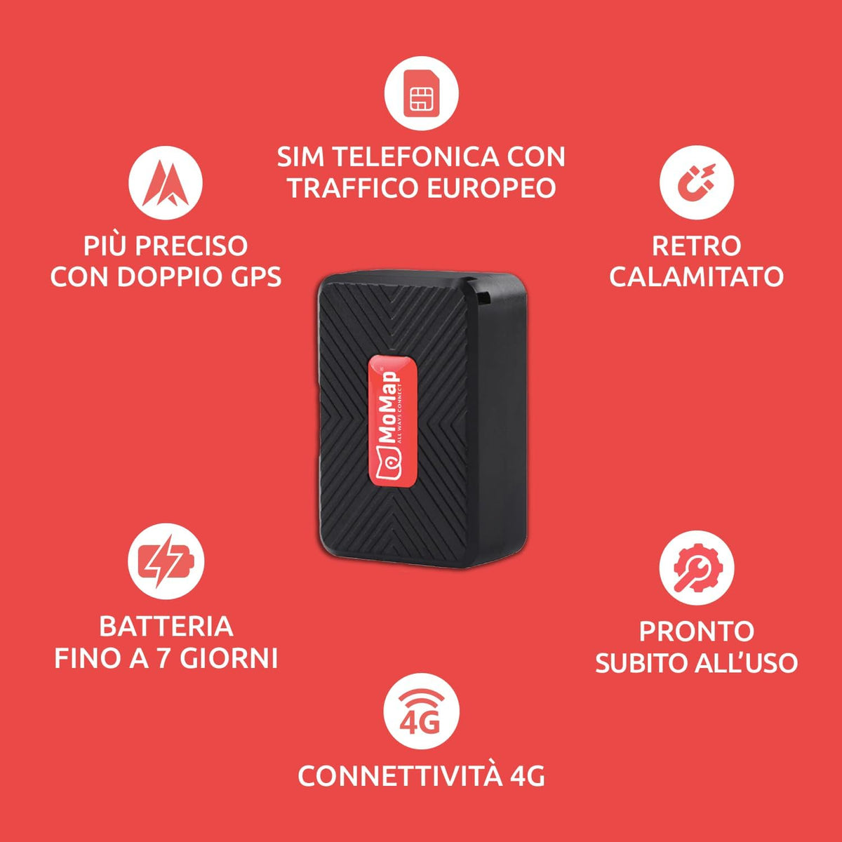 MoMap Mini Plus 4G GPS-tracker voor auto en motorfiets met app iOS/Android, live lokalisatie, internationale SIM met abonnement inbegrepen, real-time alarm, app en ondersteuning, 100% Italiaans