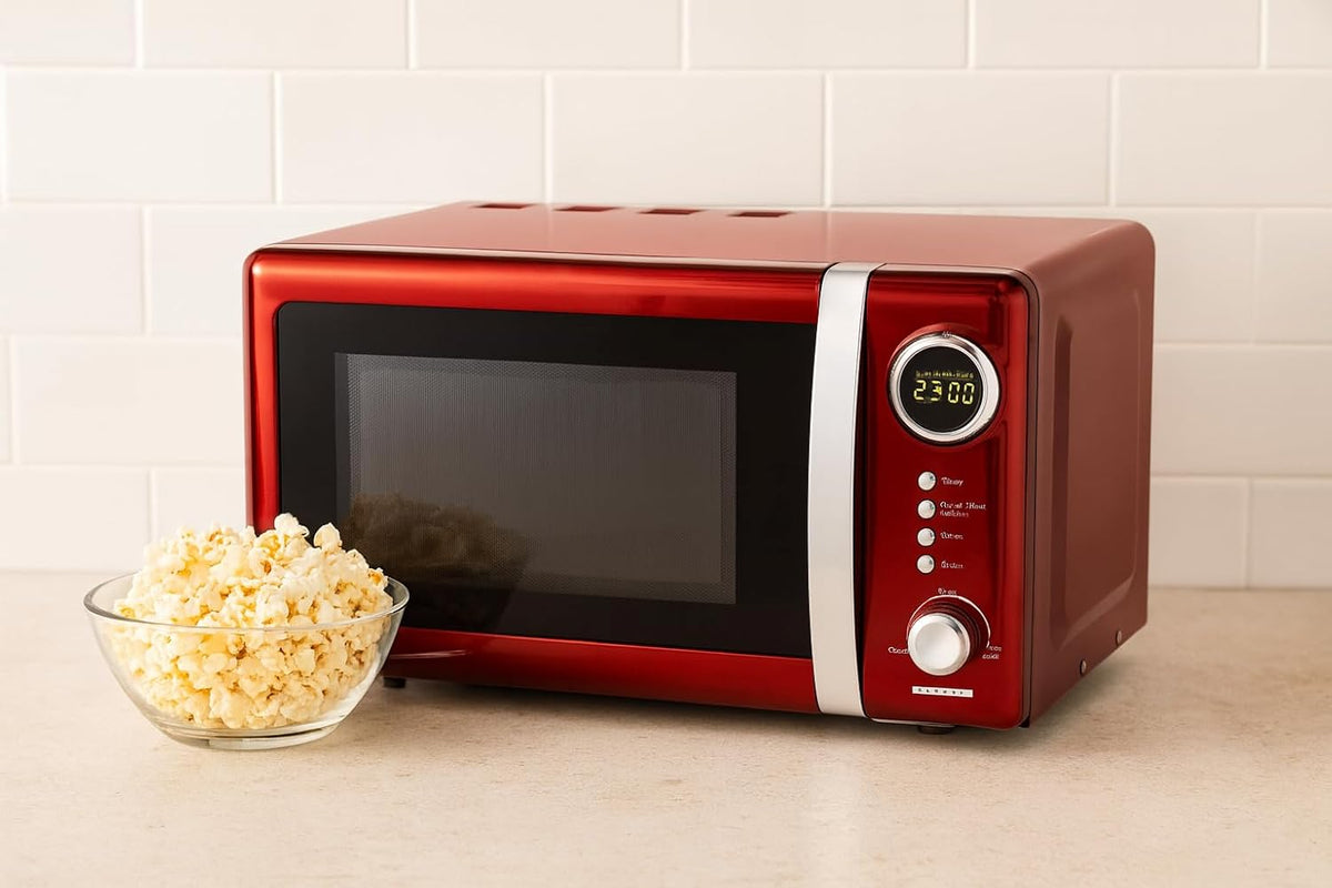 Melissa 16330109 Classico Magnetronoven, retrodesign, metalen behuizing, 20 liter ovenruimte, 700 watt magnetronvermogen, timer, 5 standen, rood metallic