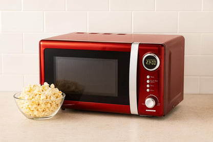 Melissa 16330109 Classico Magnetronoven, retrodesign, metalen behuizing, 20 liter ovenruimte, 700 watt magnetronvermogen, timer, 5 standen, rood metallic