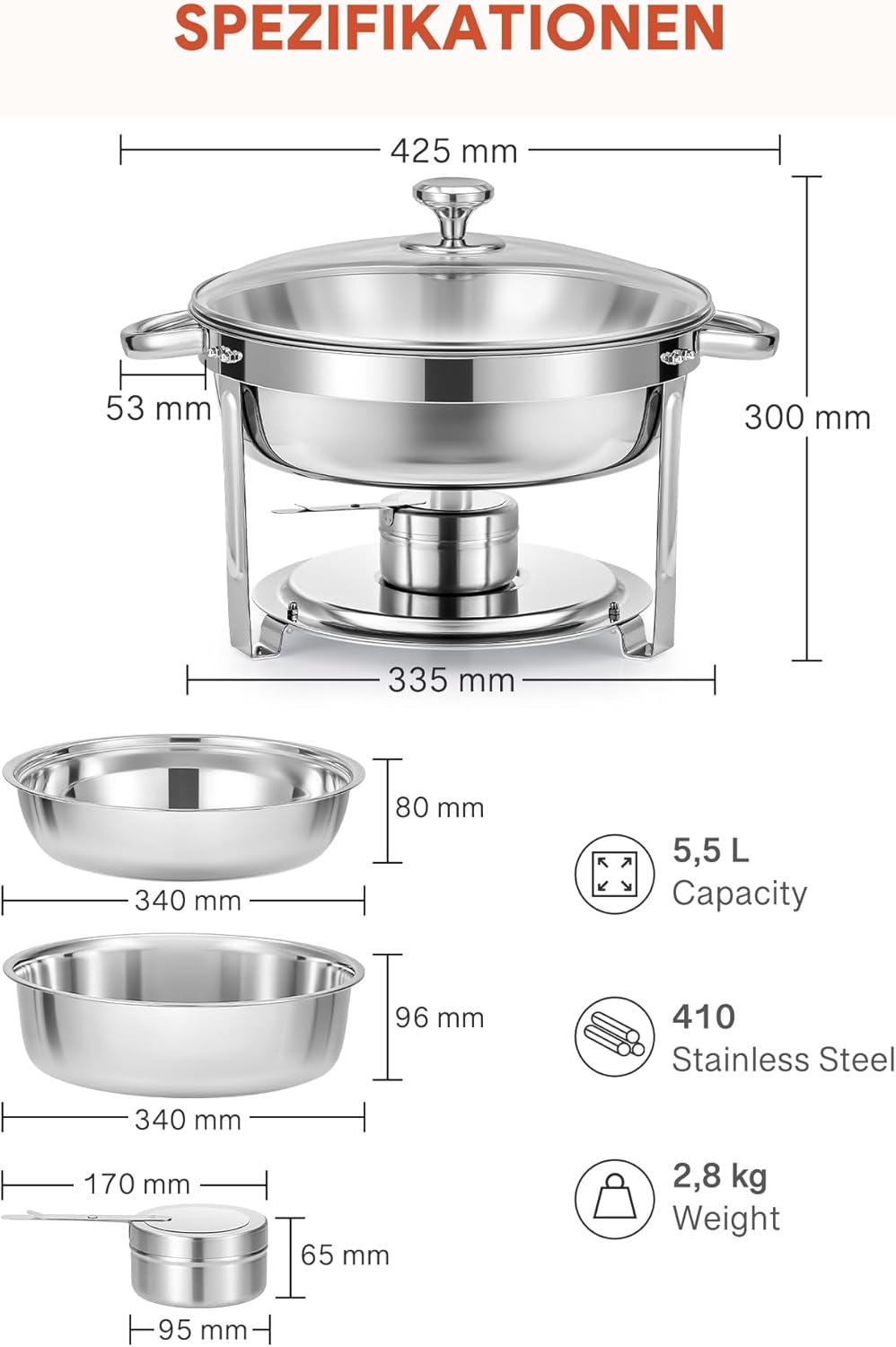 Wilprep Chafing dish rond met glazen deksel, Buffet set van 2, RVS voedselwarmer kit 5,5 liter, Bain Marie met brandpasta houder, voor partijen buffetten banketten diners