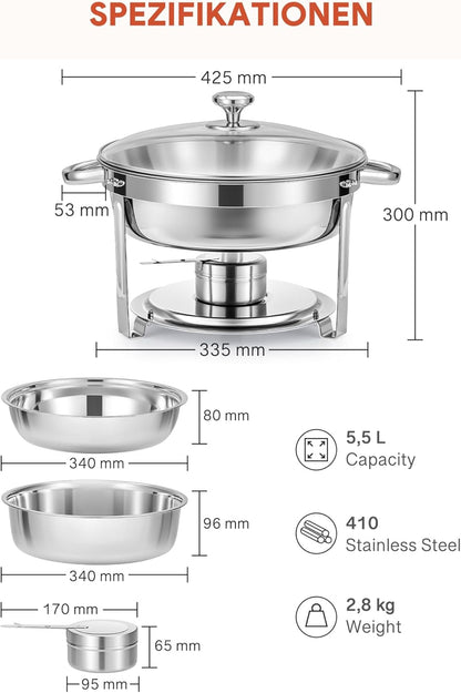 Wilprep Chafing dish rond met glazen deksel, Buffet set van 2, RVS voedselwarmer kit 5,5 liter, Bain Marie met brandpasta houder, voor partijen buffetten banketten diners
