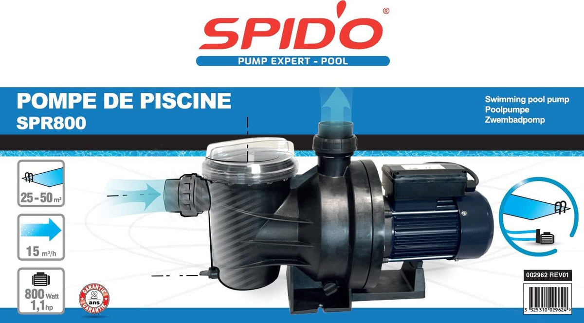 Spid'O SPR 800 2962 Filterpomp voor zwembad, 7,5 M3/h, 1,2 pk, breed filter, blauw