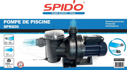 Spid'O SPR 800 2962 Filterpomp voor zwembad, 7,5 M3/h, 1,2 pk, breed filter, blauw