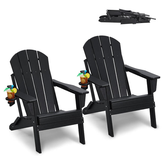 VEVOR Adirondack Stoelen van kunststof, set van 2, inklapbaar, draagbaar, weerbestendig, voor terras, met bekerhouder, ergonomische ontspanningsarmleuning, voor tuin en binnenplaats, zwart