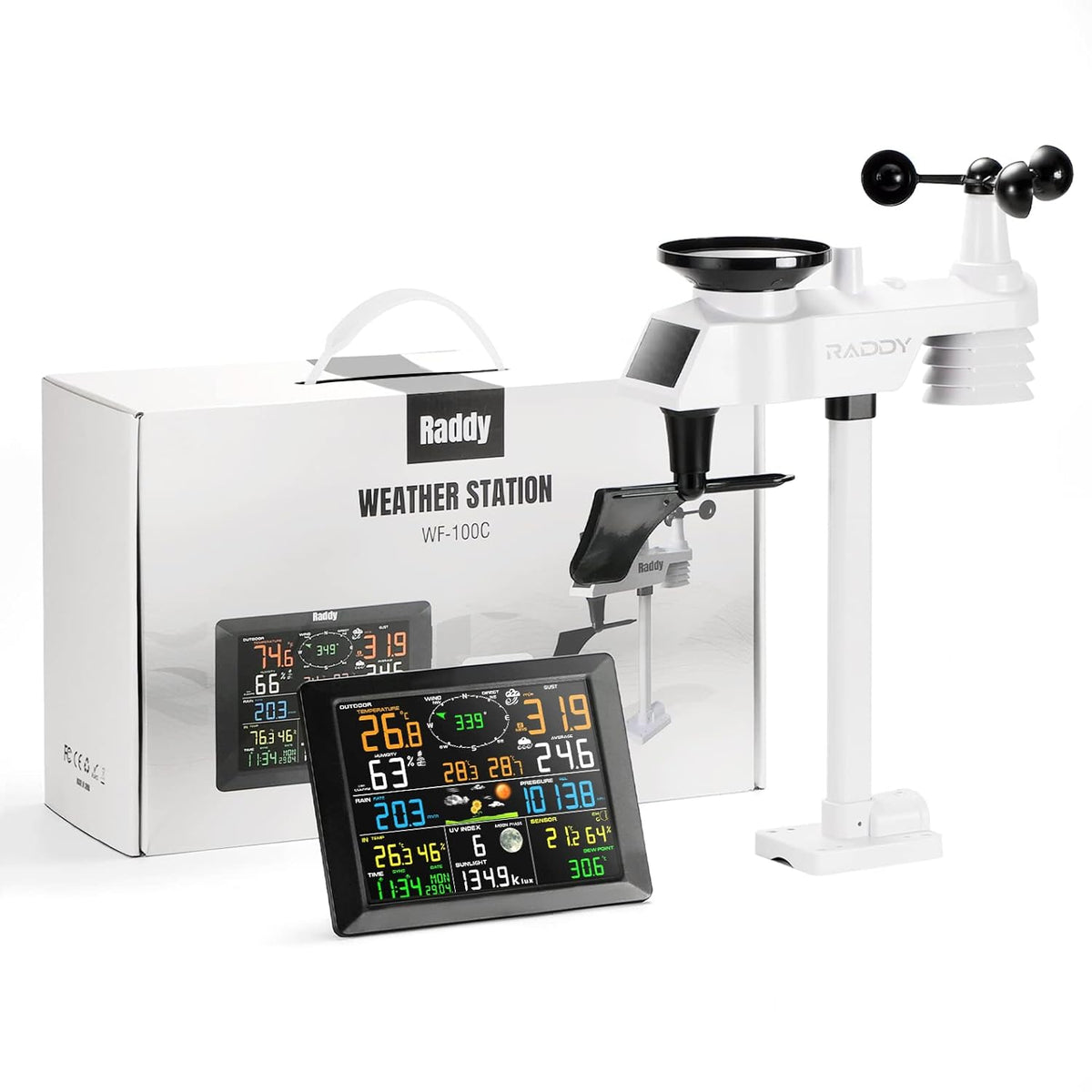 Raddy WF-100C Weerstation met buitensensor radio, 14-in-1 wifi-binnen-buitenthermometer met 10 inch digitaal kleurendisplay, windmeter, regenmeter, zonnesensor voor thuis, kantoor, tuin