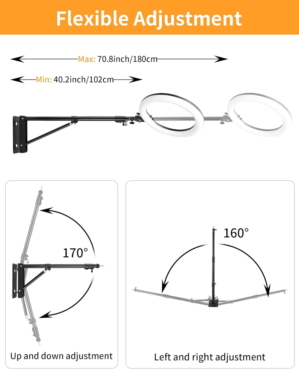 Ring Light Wandhouder – Wandbeugel, Muurbeugel, Studio Arm, Lampenhouder – Uitschuifbare Arm Tot 180 cm – 180° Draaibaar