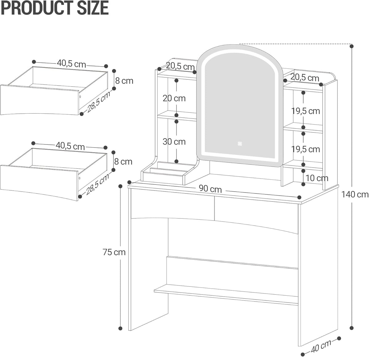 Hzuaneri LED Makeup Table, Large 90 cm Tabletop, Dressing Table with Curved Round Mirror, Hidden Jewellery Shelf Behind Mirror, 3 Colours, White DT41403XEU