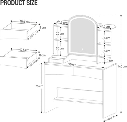 Hzuaneri LED Makeup Table, Large 90 cm Tabletop, Dressing Table with Curved Round Mirror, Hidden Jewellery Shelf Behind Mirror, 3 Colours, White DT41403XEU