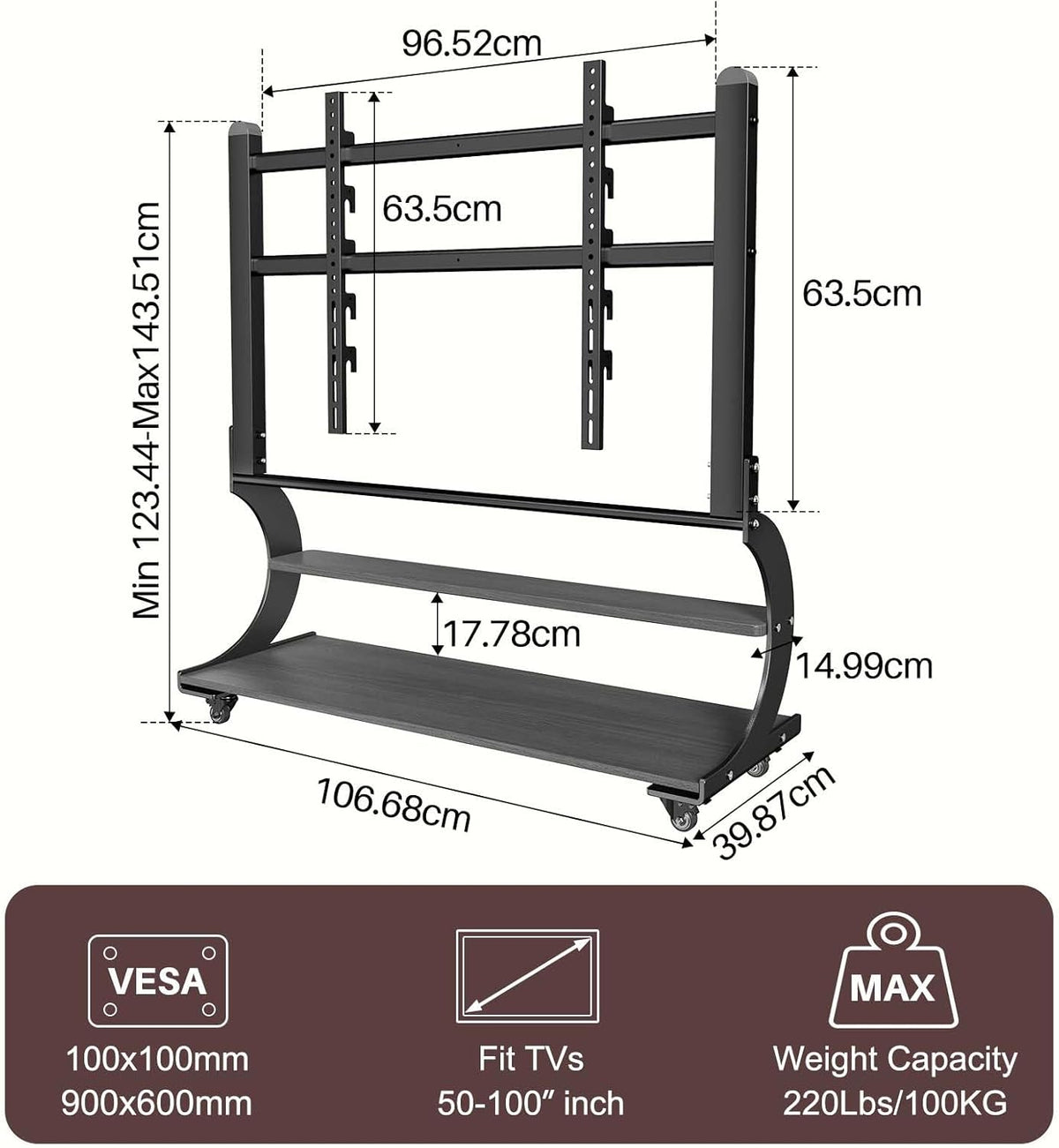 Tv-standaard, oprolbaar, voor 50-100 inch platte en gebogen tv's tot 100 kg, tv-standaard, in hoogte verstelbaar, met 2-traps plank, MAX VESA 900 x 600 mm (zwart)