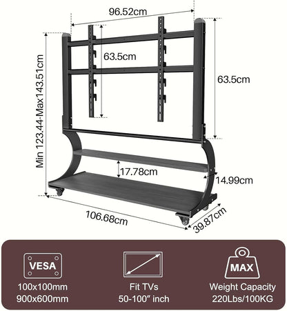 Tv-standaard, oprolbaar, voor 50-100 inch platte en gebogen tv's tot 100 kg, tv-standaard, in hoogte verstelbaar, met 2-traps plank, MAX VESA 900 x 600 mm (zwart)