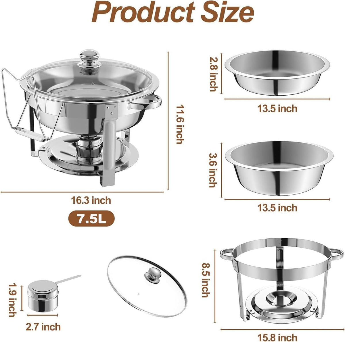NArra 4-pack ronde 7,5 l Chafing Dish Buffet Set, voedselwarmer met glazen deksel, buffet warmer, roestvrij stalen buffet serveerborden, dikke catering hot pot voor feesten, bruiloften, picknicks