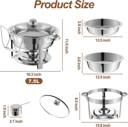 NArra 4-pack ronde 7,5 l Chafing Dish Buffet Set, voedselwarmer met glazen deksel, buffet warmer, roestvrij stalen buffet serveerborden, dikke catering hot pot voor feesten, bruiloften, picknicks