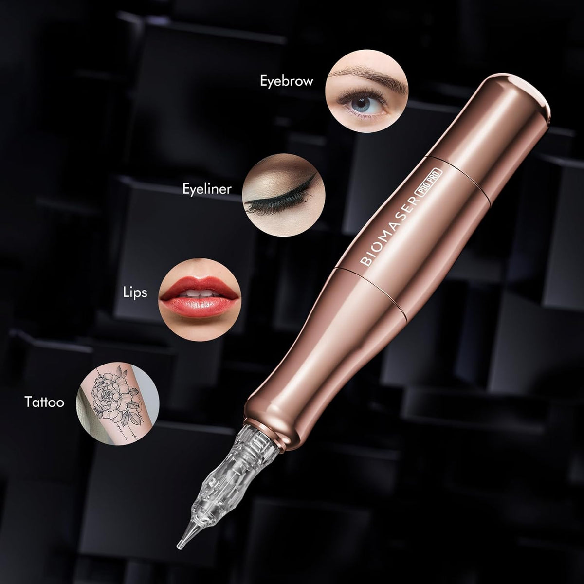 Biomaser P90 PRO Semi-permanente make-upmachine, draadloze en bekabelde make-upmachine voor wenkbrauwen, eyeliner en lippen (roségoud)