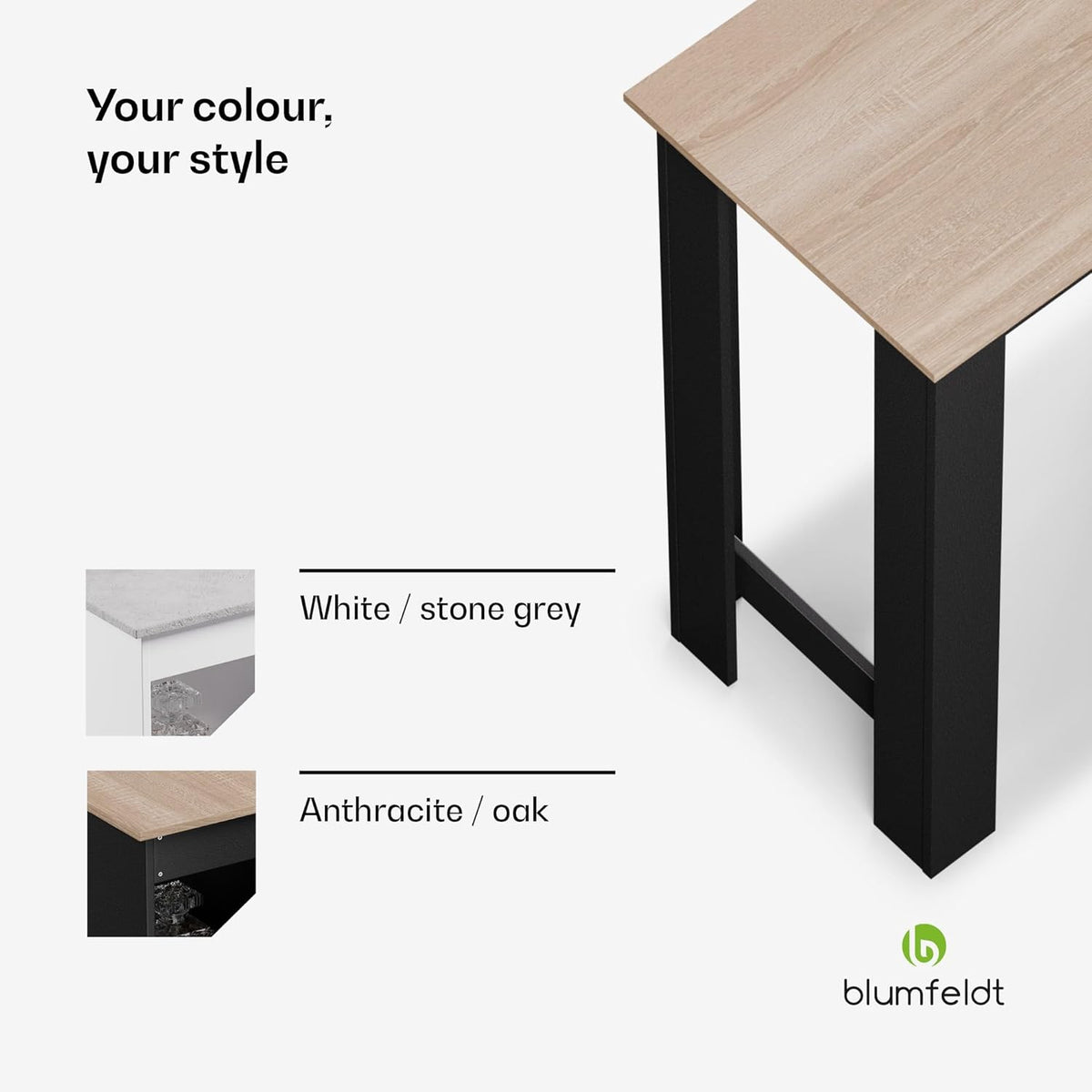 blumfeldt Bar table, standing table for the kitchen, 110 cm solid wood table, bistro & bar standing table rectangular, small wooden bar table, high table with 3 adjustable shelves, melamin coating - QUORE