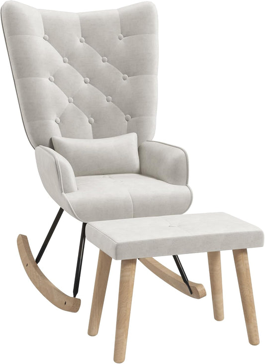 HOMCOM Ohrensessel mit Hocker, Relaxsessel mit Kissen, Samtoptik, Polsterstuhl mit Holzbeine für Schlafzimmer, Wohnzimmer, 66 x 96 x 101 cm, Cremeweiß - QUORE