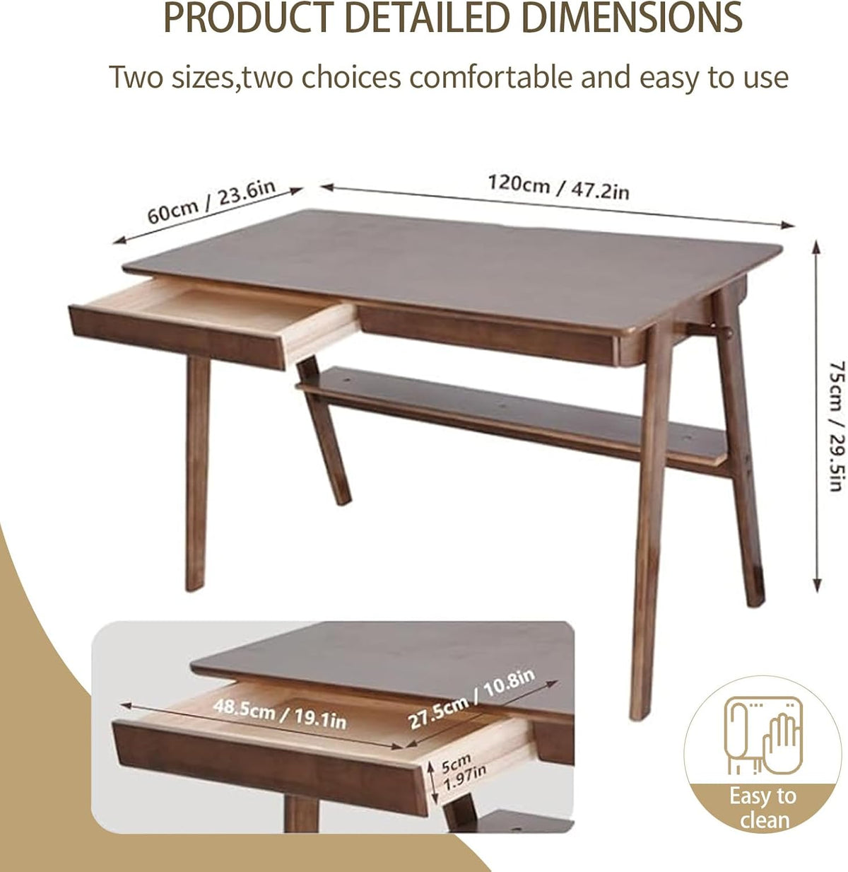 Massief Houten Bureau, Mid-Century Modern Design, Met 2 Lades en Onderplank, Ideaal voor Thuiskantoor (Okkernoot, 120 * 60)