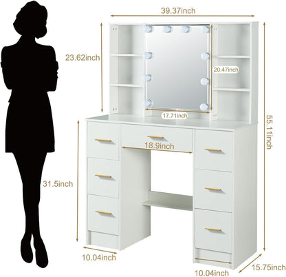 Kaptafel – Make-uptafel – Opmaaktafel – Make-up Tafel – Make-up Spiegel – 7 Laden & 6 Planken – LED Verlichting Met Opklapbare Spiegel – Wit 100x40x140 cm