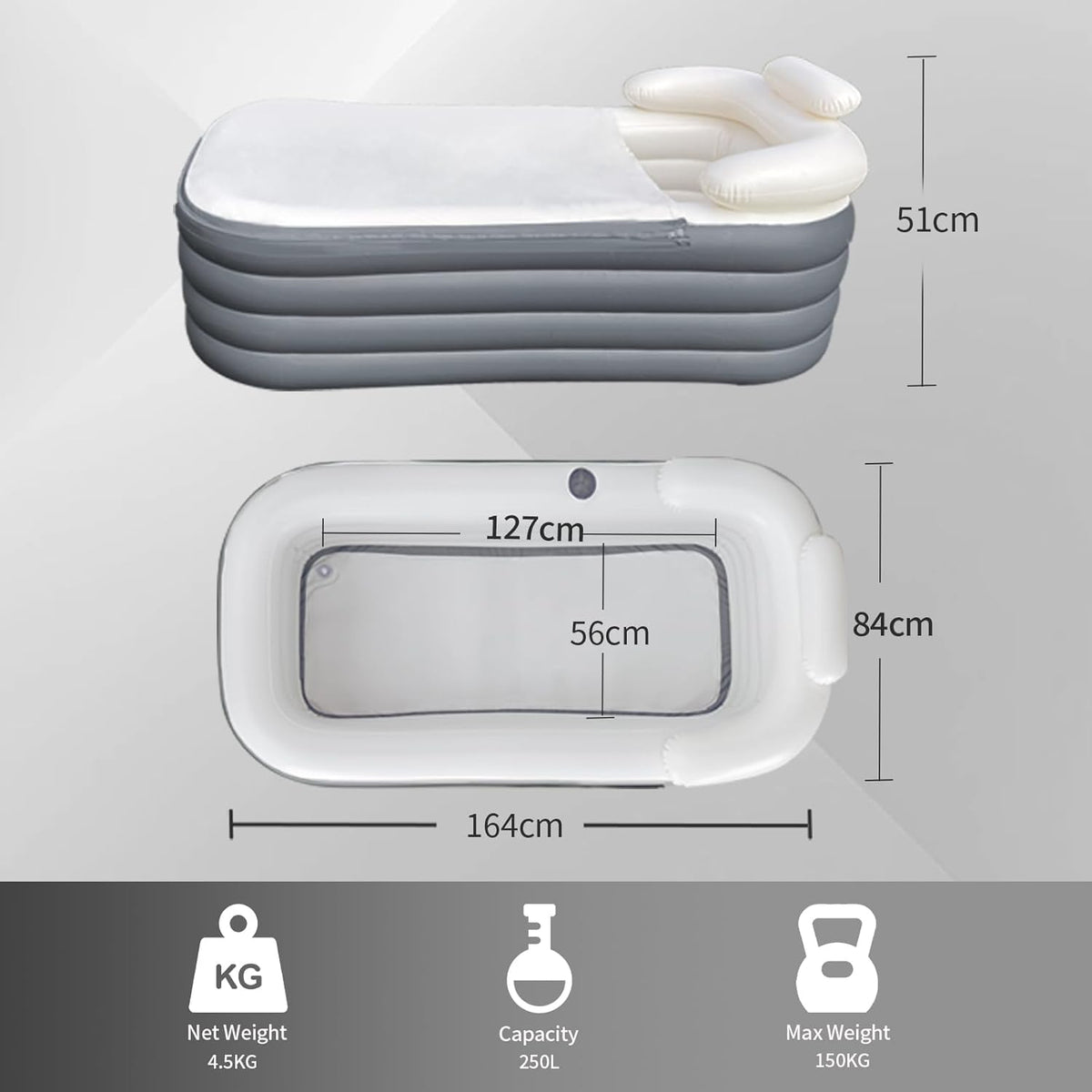 Opblaasbaar Inweekbad Voor Volwassenen – Draagbaar Ijsbad, Spa Bad, Opblaasbaar Bad, Ontspanningsbad – Ruim Formaat 164 x 84 x 51 cm – Met Hoofdsteun En Bekerhouder