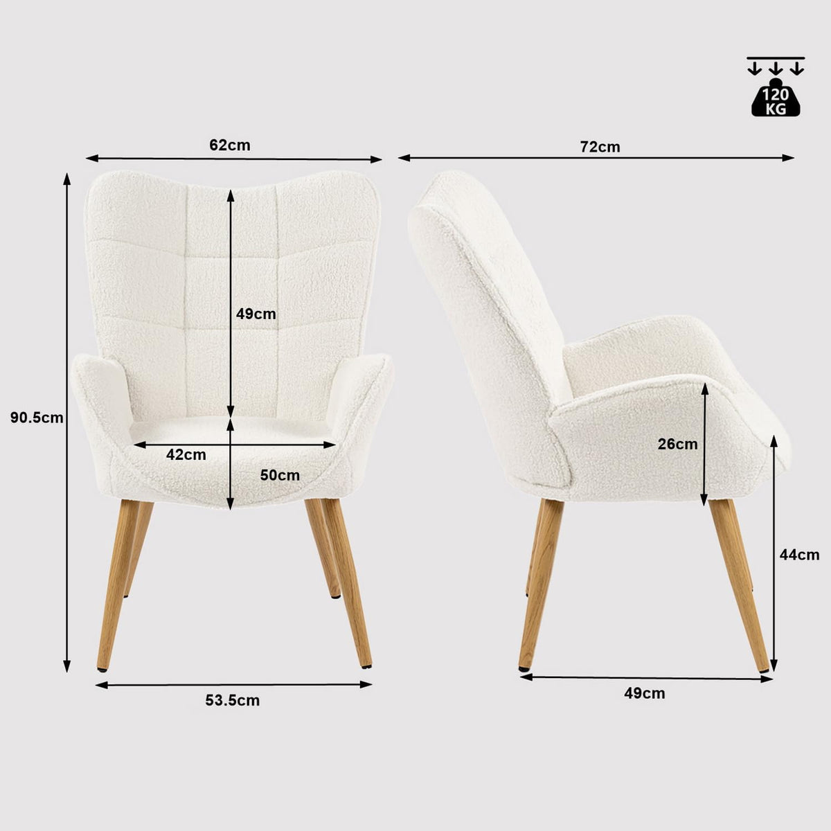 MEUBLE COSY Gestoffeerde fauteuil, woonkamerstoel met armleuningen, relaxstoel met hoge rugleuning en dik kussen, houten poten voor slaapkamer, woonkamer, bouclé stof, beige