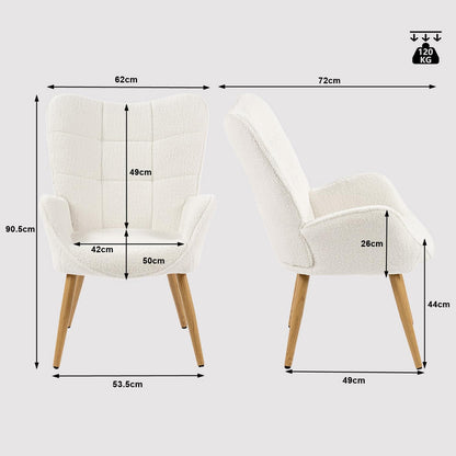 MEUBLE COSY Gestoffeerde fauteuil, woonkamerstoel met armleuningen, relaxstoel met hoge rugleuning en dik kussen, houten poten voor slaapkamer, woonkamer, bouclé stof, beige