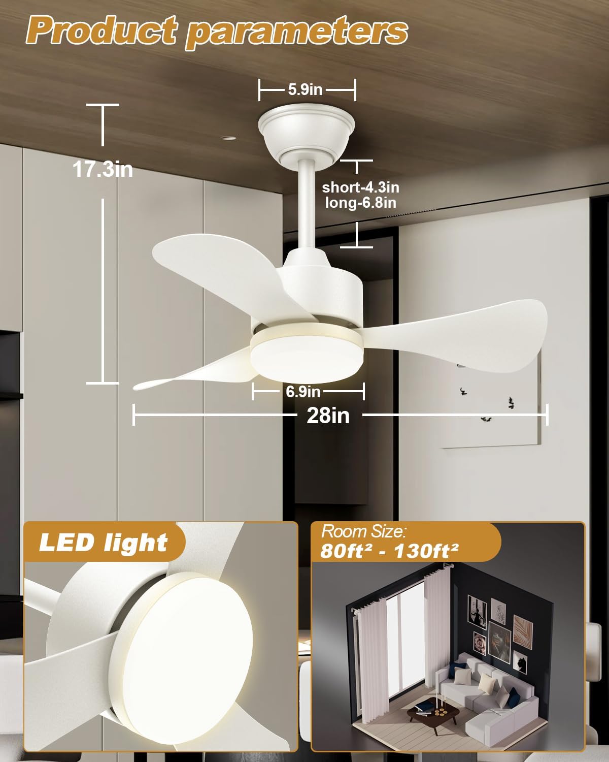 Airwit 71 cm plafondventilator met licht en afstandsbediening, stil, 3 bladen, led voor slaapkamer, omkeerbare DC-motor, 6 snelheden