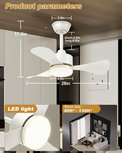 Airwit 71 cm plafondventilator met licht en afstandsbediening, stil, 3 bladen, led voor slaapkamer, omkeerbare DC-motor, 6 snelheden